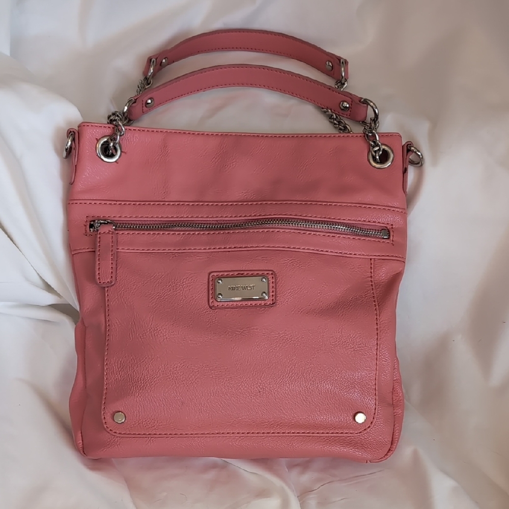Nine West Coral Pink Leather Shoulder Bag with Chain Handles